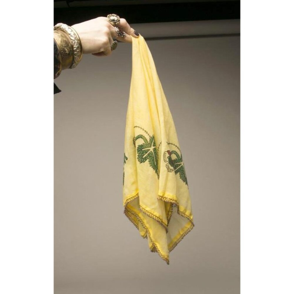 Yellow Floral Hand-Painted Embroidered Square Scarf With Beaded Trim